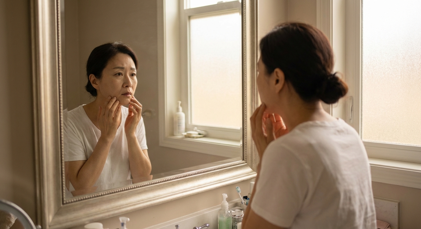 거울을 보며 피부 고민을 하는 여성